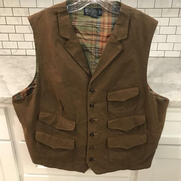 Polo Ralph Lauren Vest Mens XL Brown Field Utility Multi Pocket Plaid Lined - Picture 1 of 10